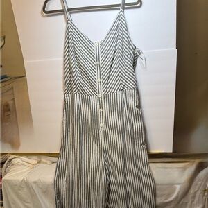 Skies are Blue Striped Linen-Blend Button Front Jumpsuit Gray/White Adjustable